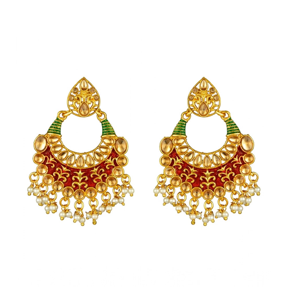 Generic Women's Rose Gold Plated Alloy Kundan Earrings &amp; Mangtikka (Red &amp; Green)